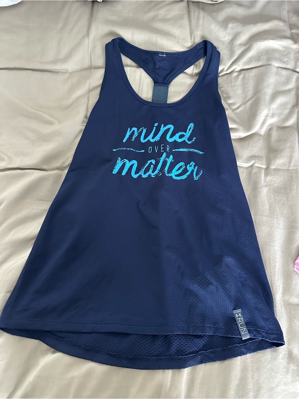 Under Armour Navy Blue Tank Top with Aqua "Mind Over Matter" Graphic